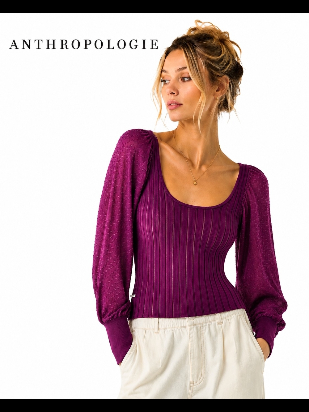 Anthropologie Ribbed Knit Top Swiss Dot Puff‎ Sleeve Purple SP Petite